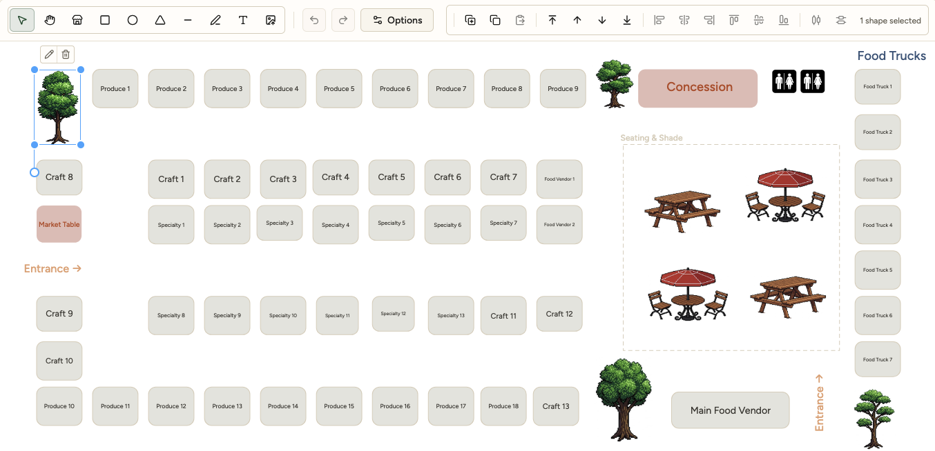 The map editor: the drawing tools above a site laid out in named zones, with the trees, the entrance, the seating and the food trucks drawn on it