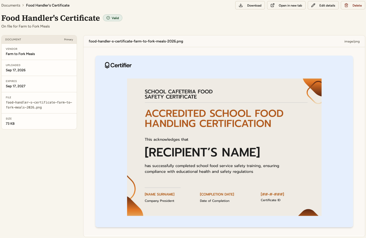 A food handler’s certificate on file for a vendor, marked valid, with the date it was uploaded and the date it expires