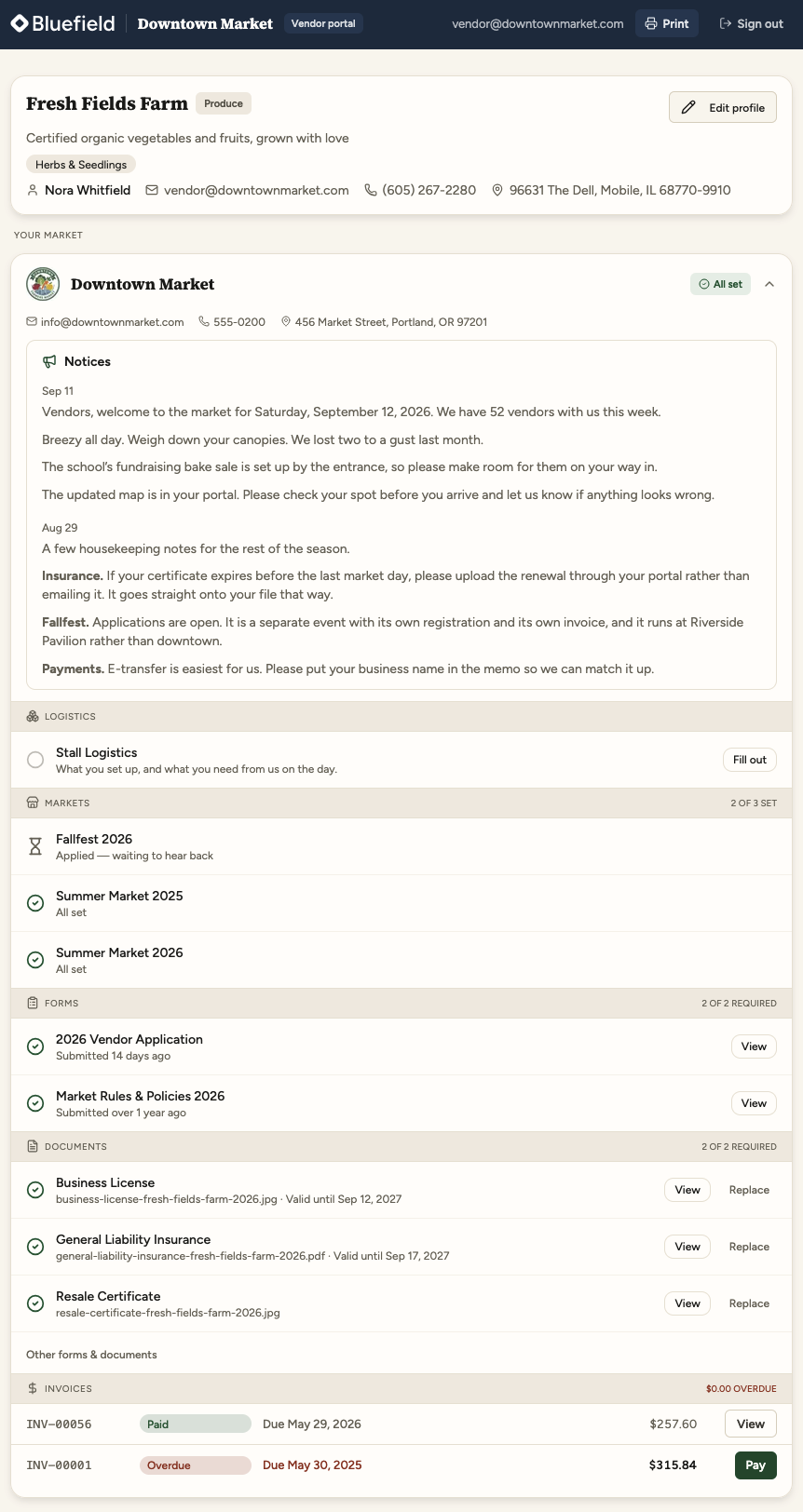 The vendor’s own portal: the three markets they are in, the forms they have submitted, and their documents listed with the dates they are valid until and a button to replace each one